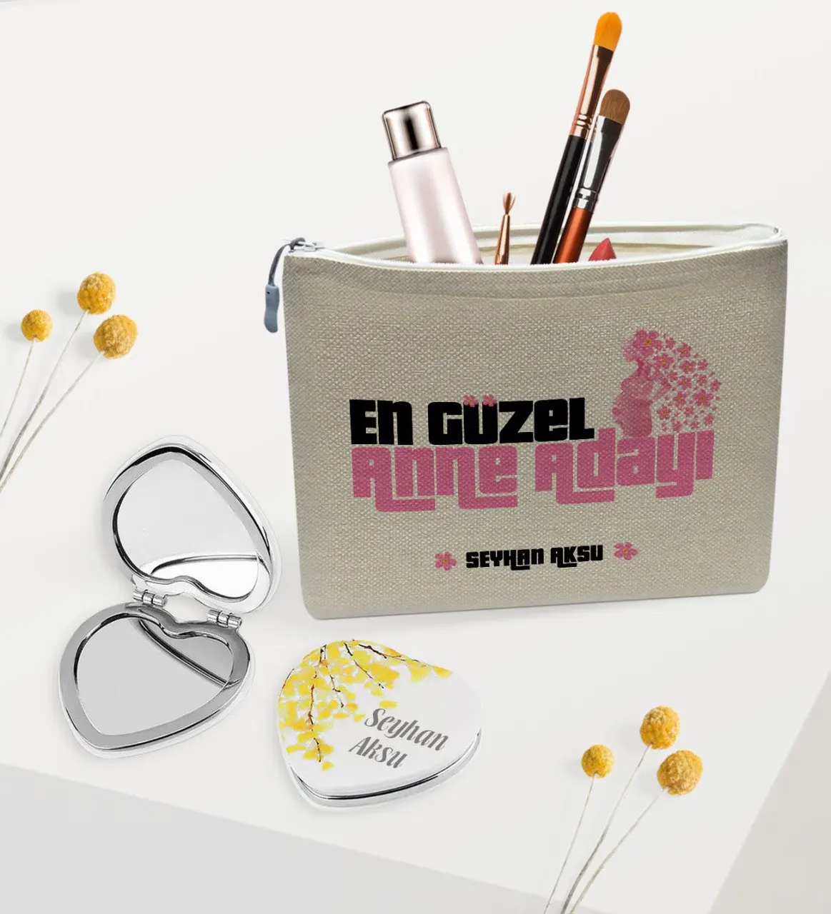 Персонализированная льняная косметичка для будущих мам и зеркальная Подарочная