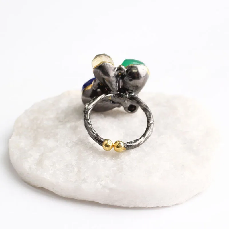 

Blue Lapis Lazuli and Green and White Zircon Gold Plated Womens Silver Ring, Woman 925 Silver Zircon Handmade Ring, MultiColor