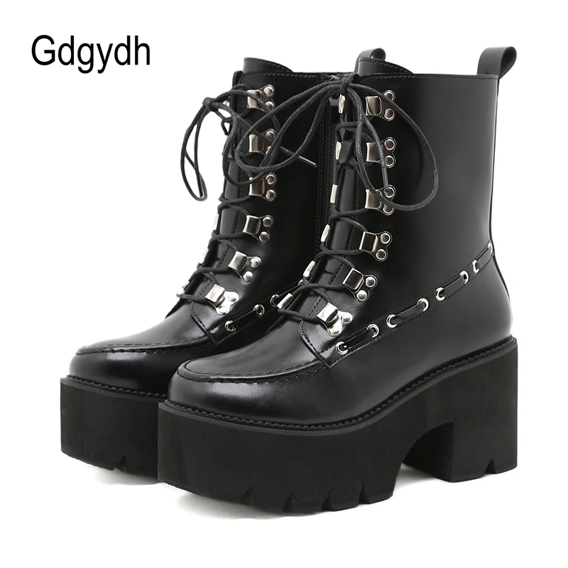 Gdgydh Vegan Leather Womens emo Boots Gothic Platform Chunky Heels Black Zipper and Lace Up Combat Boots for Women Fall Sewing