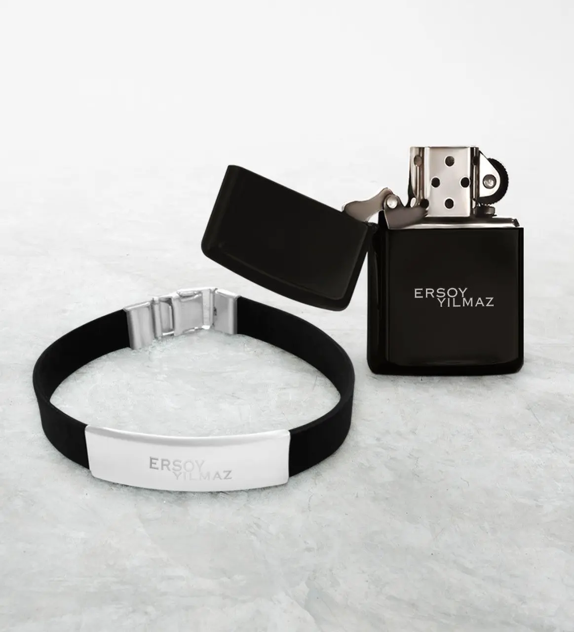 

Personalized Bracelet and Gasoline Lighter Set