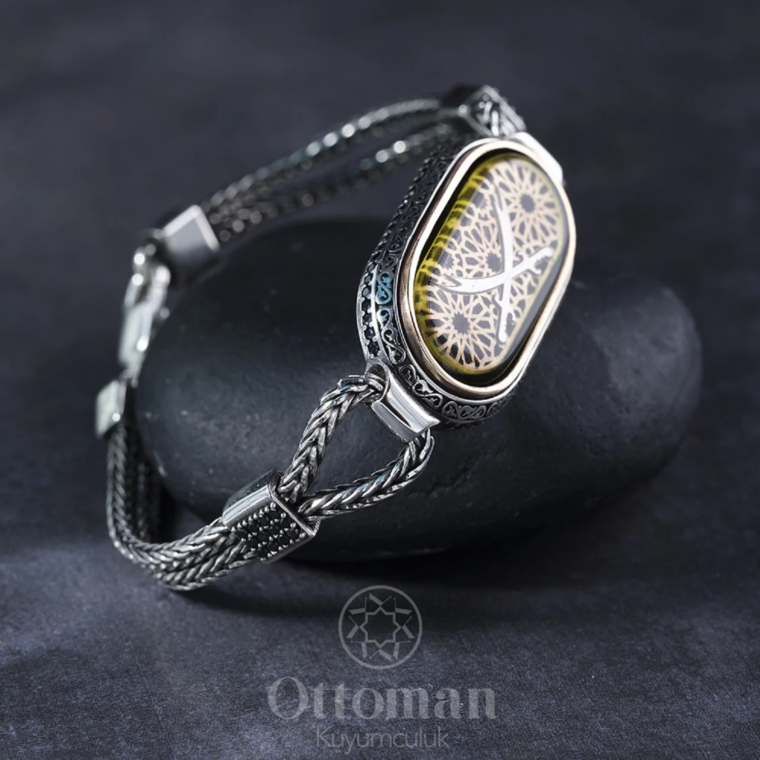 Zülfikar Sword Large Engraved Yellow Amber Men's Sterling Silver Bracelet, Ottoman Jewelry Bracelet, Mens Gift Bracelet,Ya Ali