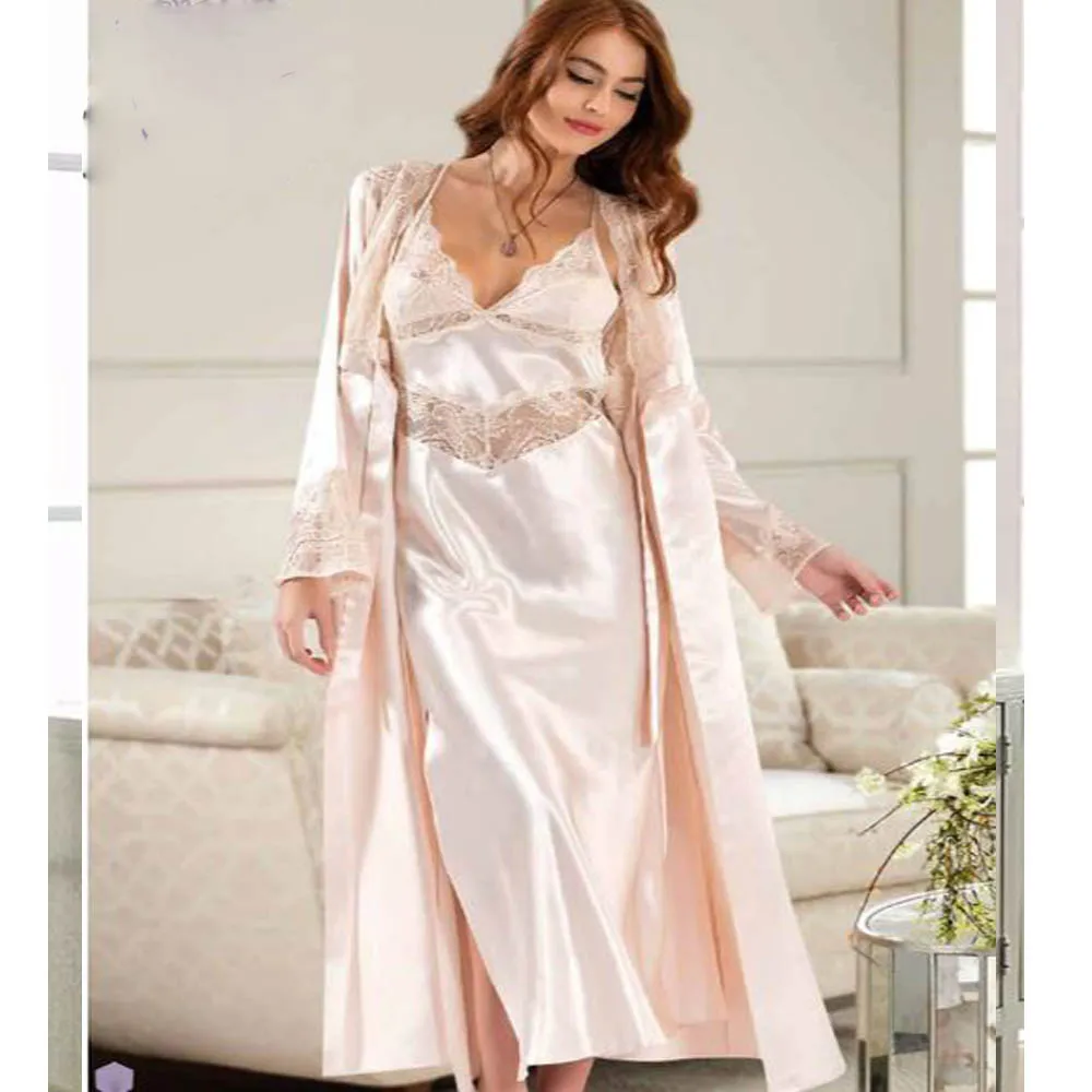 

Women Satin Lace Long 2 Piece Home Comfortable Night Wearable Cool And Warm Sexy Nightgown Dressing Gown Suit Sizes M L