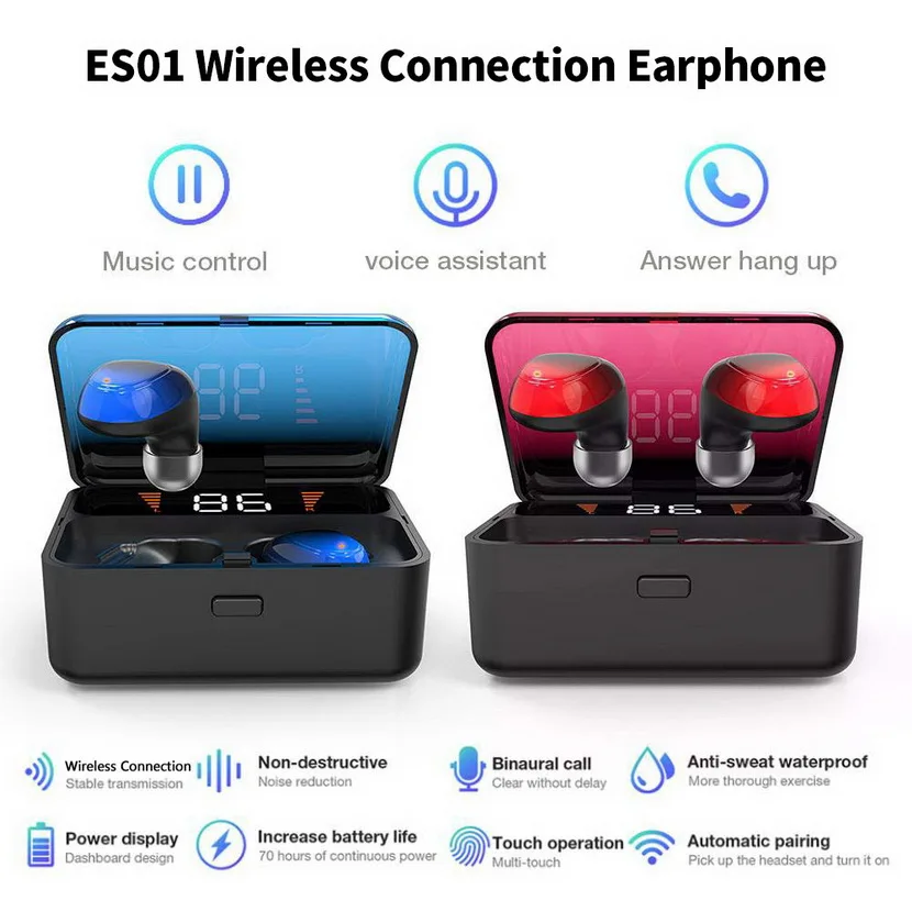 50 шт., комплект ES01, TWS, Bluetooth наушники V5.0, сенсорные беспроводные наушники, 9D, стерео, Спортивная, водонепроницаемая гарнитура