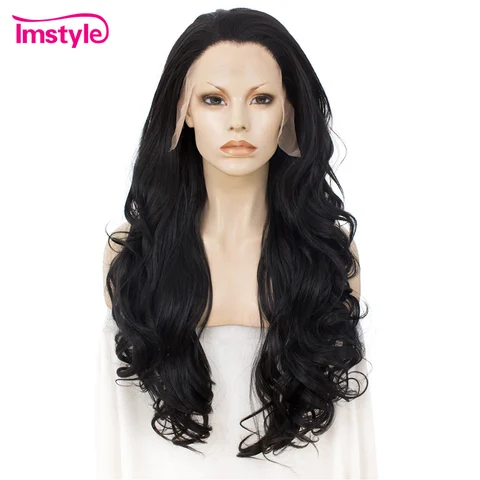Черный парик Imstyle, парик с синтетическими кружевами спереди, длинные волнистые парики для женщин, термостойкие волоконные безклеевые натуральные волосы, парик для косплея