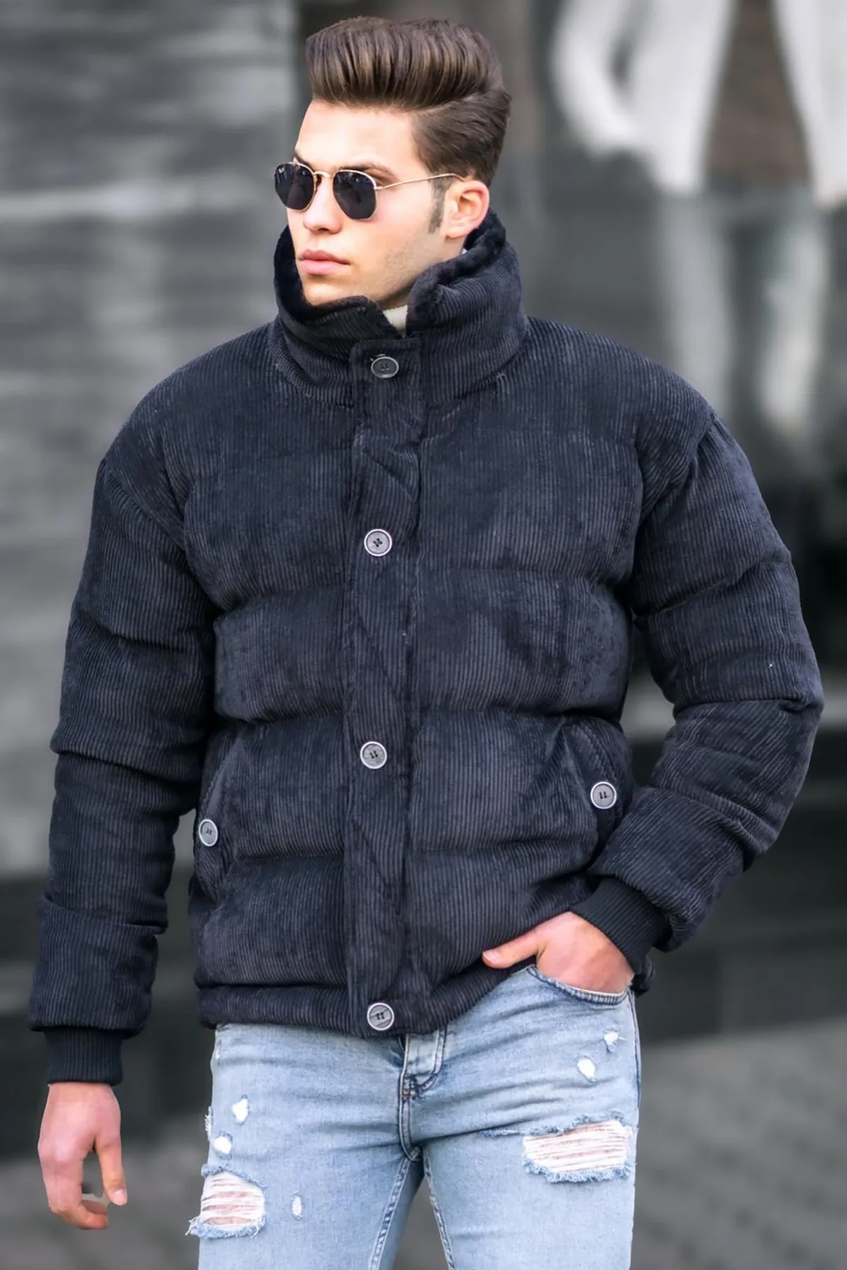 Men's Corduroy Inflatable Coat plus velvet thick Denim jacket men Casual lapel cotton Denim jacket men fur collar warm winter