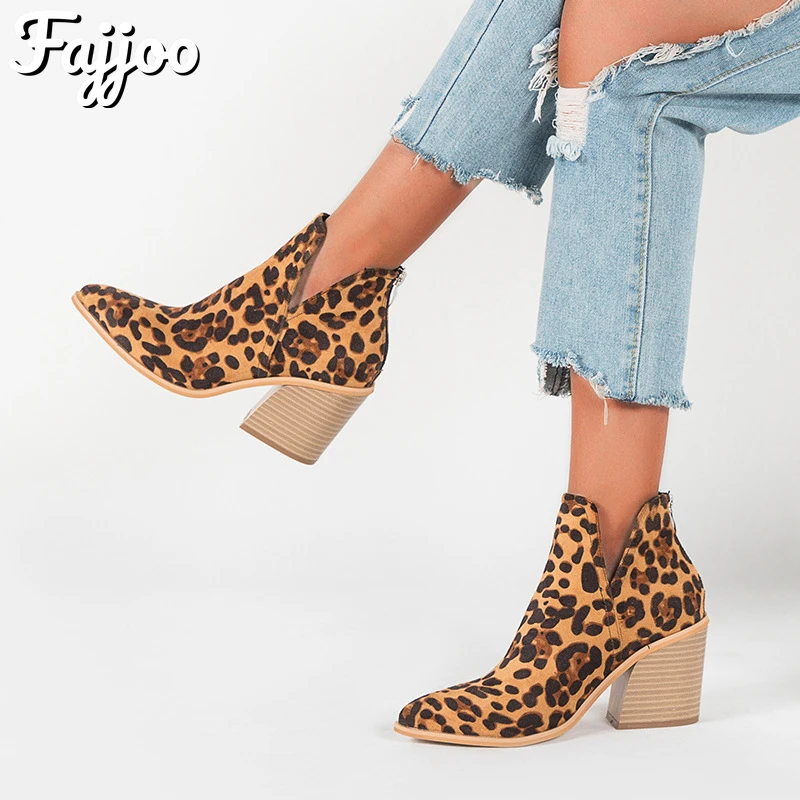 

FAJJOO Womens Ankle Boots Slip on Cutout Pointed Toe Snakeskin Leopard Print Chunky Stacked Mid Heel Bootie