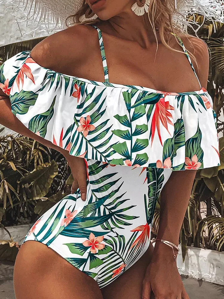 

Floral Leaf Ruffled One-Piece Swimsuit Swimwear Women Sexy bikini 2022 woman Mujer New Girls Beach Bathing Suits Swimwear