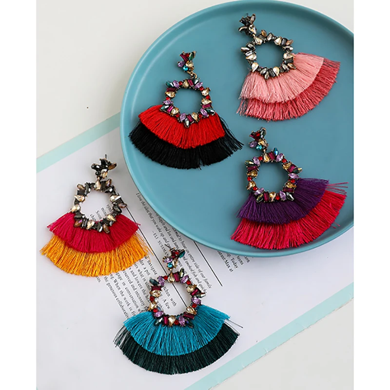 ZHINI Bohemia 9 Colors Tassel Earrings for Women Simple Geometric Circular Hollow Pendant Wedding Jewelry brincos 2020 | Украшения и
