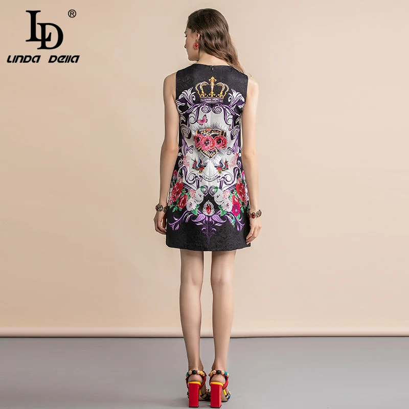 

LD LINDA DELLA Summer Fashion Runway Mini Short Dress Women's Sleeveless Black Jacquard Floral Print Loose Elegant Vintage Dress