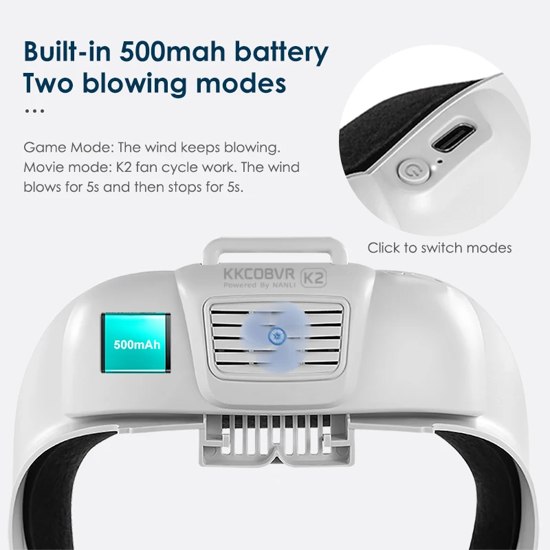 KKCOBVR K2 Cooling Fan for Quest 2 Relieve Lens Fogging 500mah Air Circulation Breathable Leather Facial Interface for Quest2