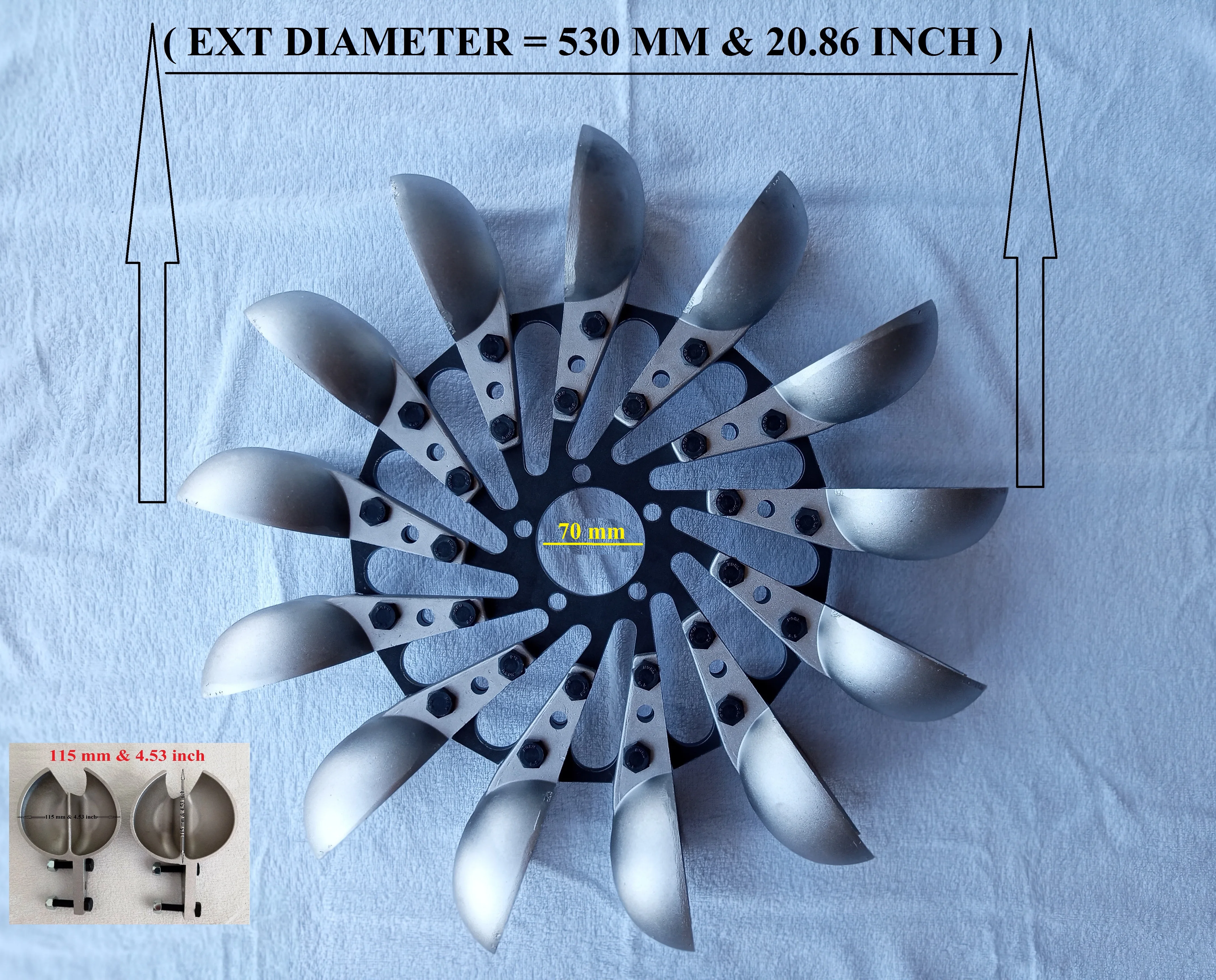 Колесо водяной турбины Pelton с 13 алюминиевыми ложками внешний диаметр = 530 мм и 20 86