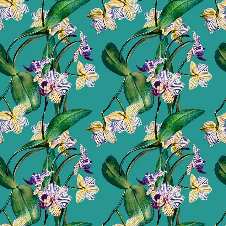 

Curtain Orchid Flower Branches Leaves Watercolor Style Artwork with Floral Pattern White Purple Green