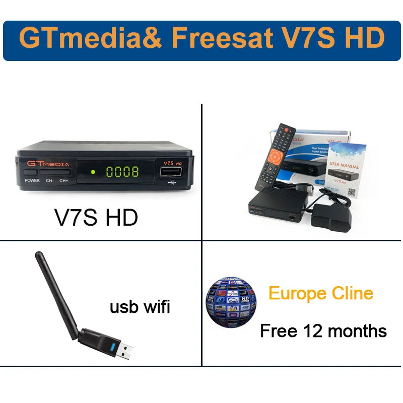 Черный Freesat v7 hd спутниковый ресивер gtmedia v7s декодер gtmedia v7hd Европа Cline на 1 год 1080P USB Wifi Испания Португалия каналы - Цвет: Черный