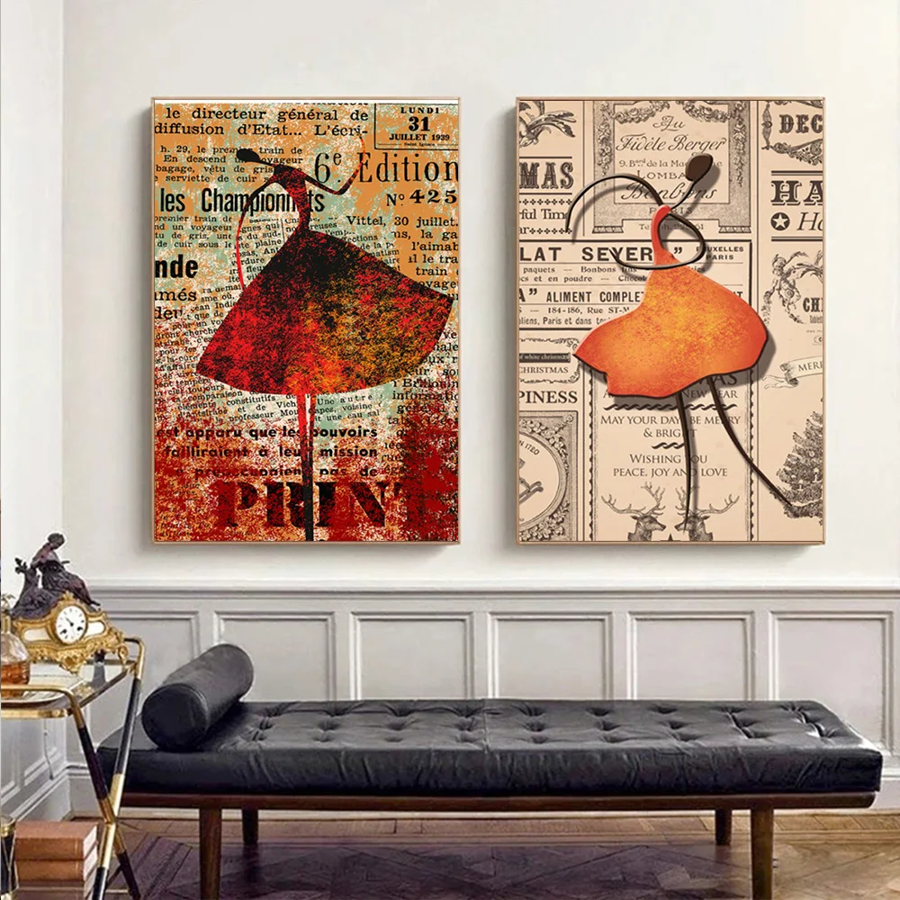 

Newspaper Art Woman Dancing Canvas Painting Retro Minimalist Poster And Print Picture For Living Room Wall Art Home Decor