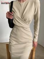 instahot elegant womens dress round neck long sleeve draped knee length straight dresses 2021 autumn solid casual office lady