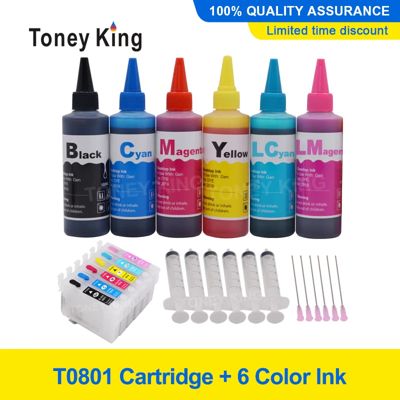 

Toney King 6 Color T0801 Ink Cartridge + 6×100ml Printer Ink Kit For Epson RX560 585 610 650 685 PX650W 660 660+ 700W With Chips