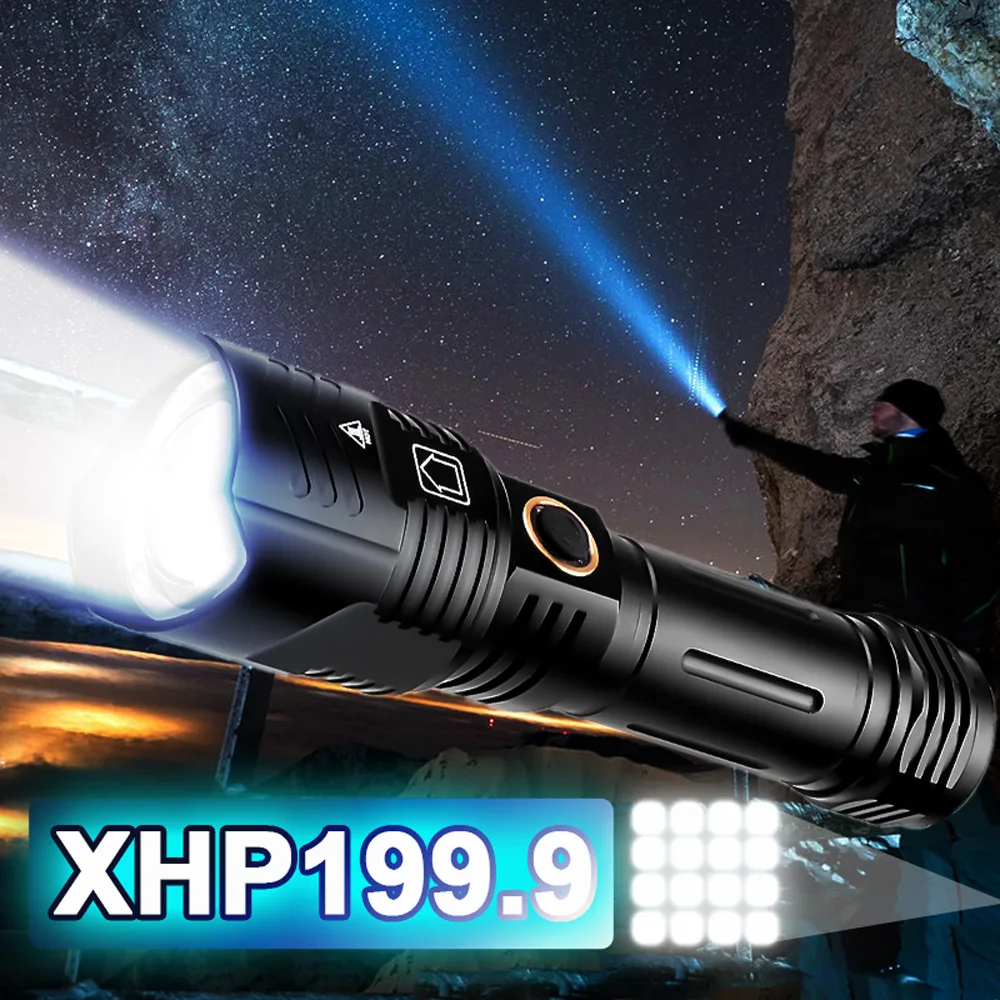 

2000000 Lumens Powerful LED Flashlight 5000mAH USB Rechargeable XHP199 Portable Zoom Torch IP68 Tactical Flash Lamp Head Lantern