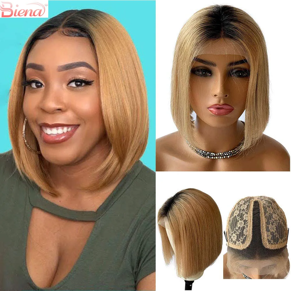

Ombre Brown Short Bob Lace Front Wig Straight Glueless 13x4x1 Middle T Part Human Hair Wig Pre Plucked Natural Hairline For Lady