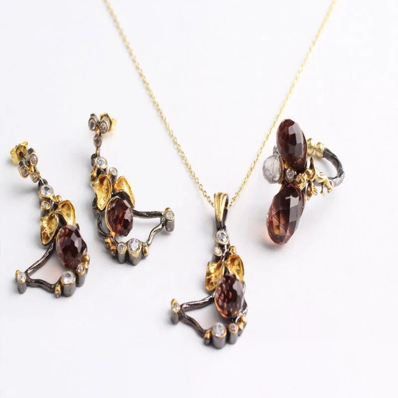 

Zultanite Leaf Jewelry Set Gold Plated, Woman Silver Zultanite Ring+Necklace+Earrings, Handmade Woman Silver