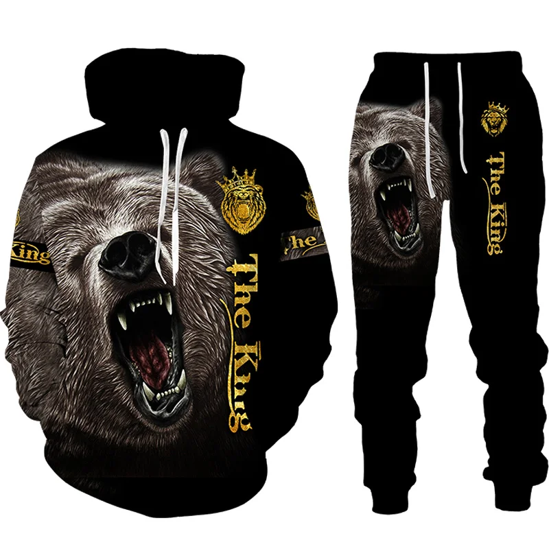 

Cool 3D Bear Printed Man Sweatshirt Hoodies 2pc Set Men's Animal Tracksuit/Pullover/Pants Sportswear Fashion Male Suit