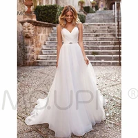 mqupin sexy v neck wedding dresses with rhinestone strap crystal beading belt new off shoulder backless pleats a line brida a27