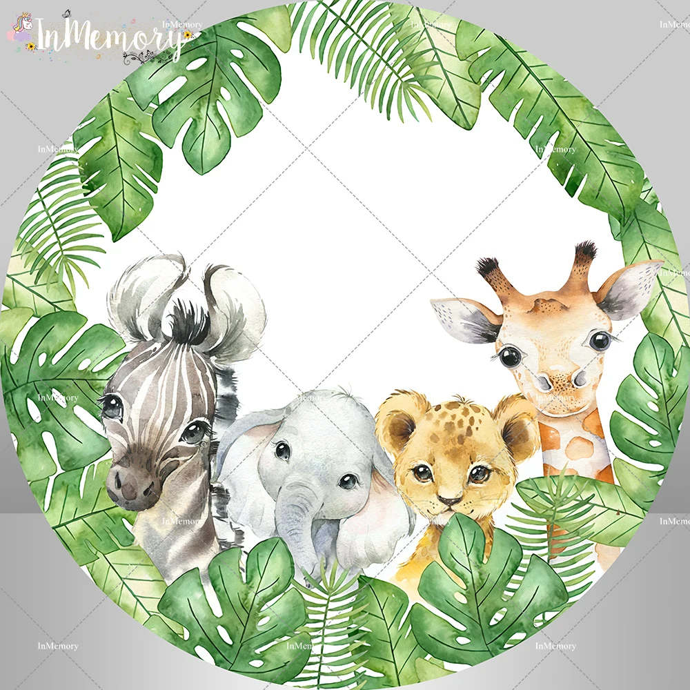 Round Backdrop Cover for Kid Boy Baby Shower Party Decoration Safari Jungle Animals Birthday Background Cake tablecloth