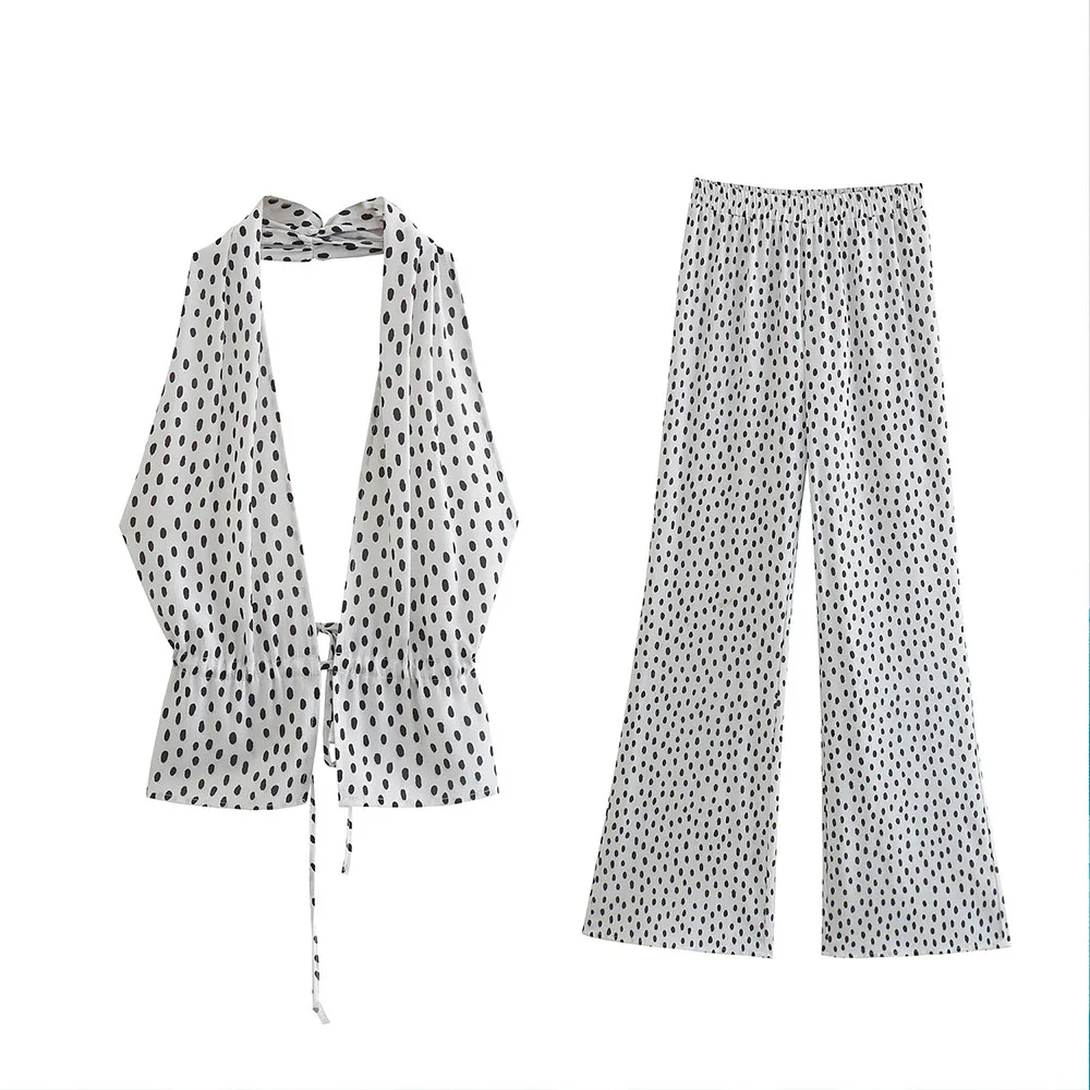 

Zach AiIsa весенне-летние новые подходящие ко всему Ретро Топы в горошек с лямкой через шею + темпераментные брюки в горошек с высокой талией и эл...