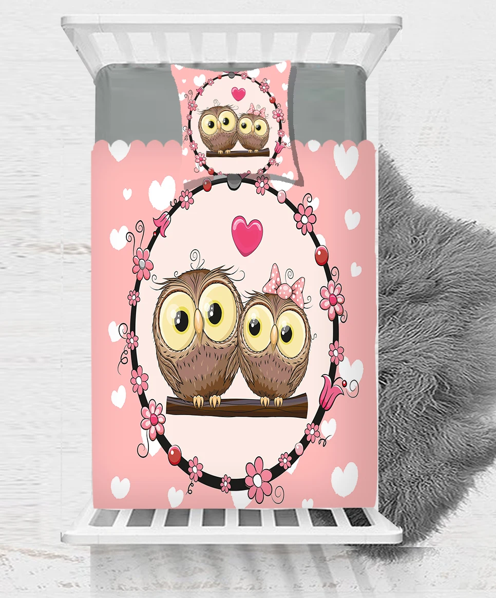 Еще розовые белые сердца коричневые милые совы 3D принт хлопок сатин одиночное