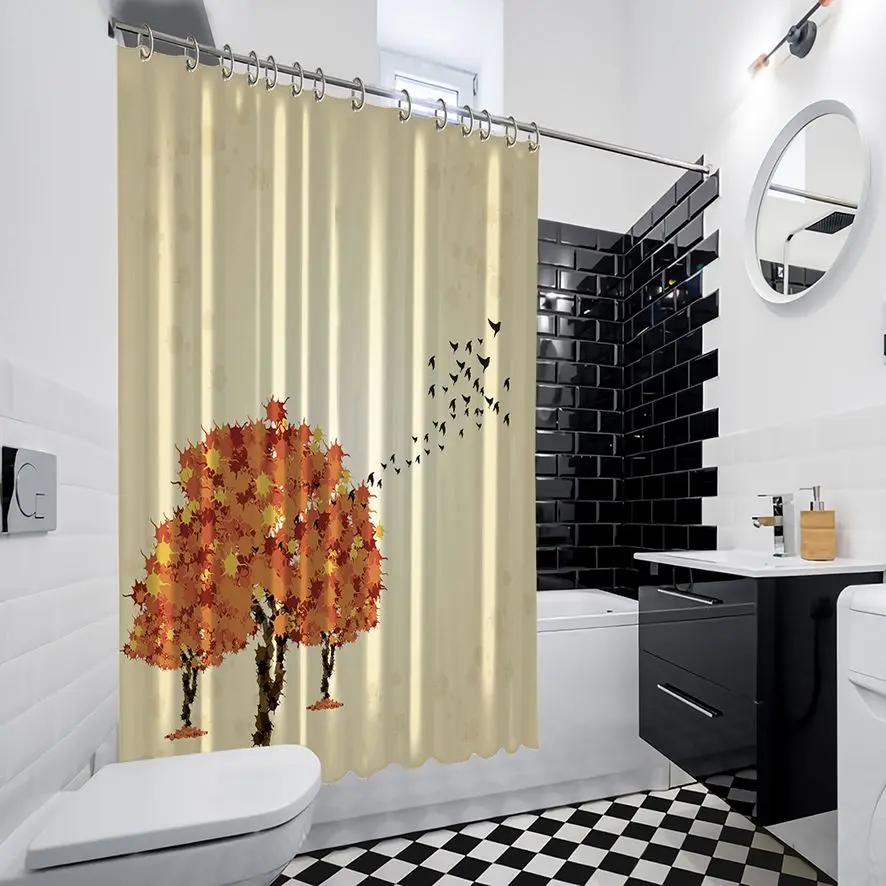 Занавески для душа Осенние деревья и птицы летающие в Южную сельскую природу