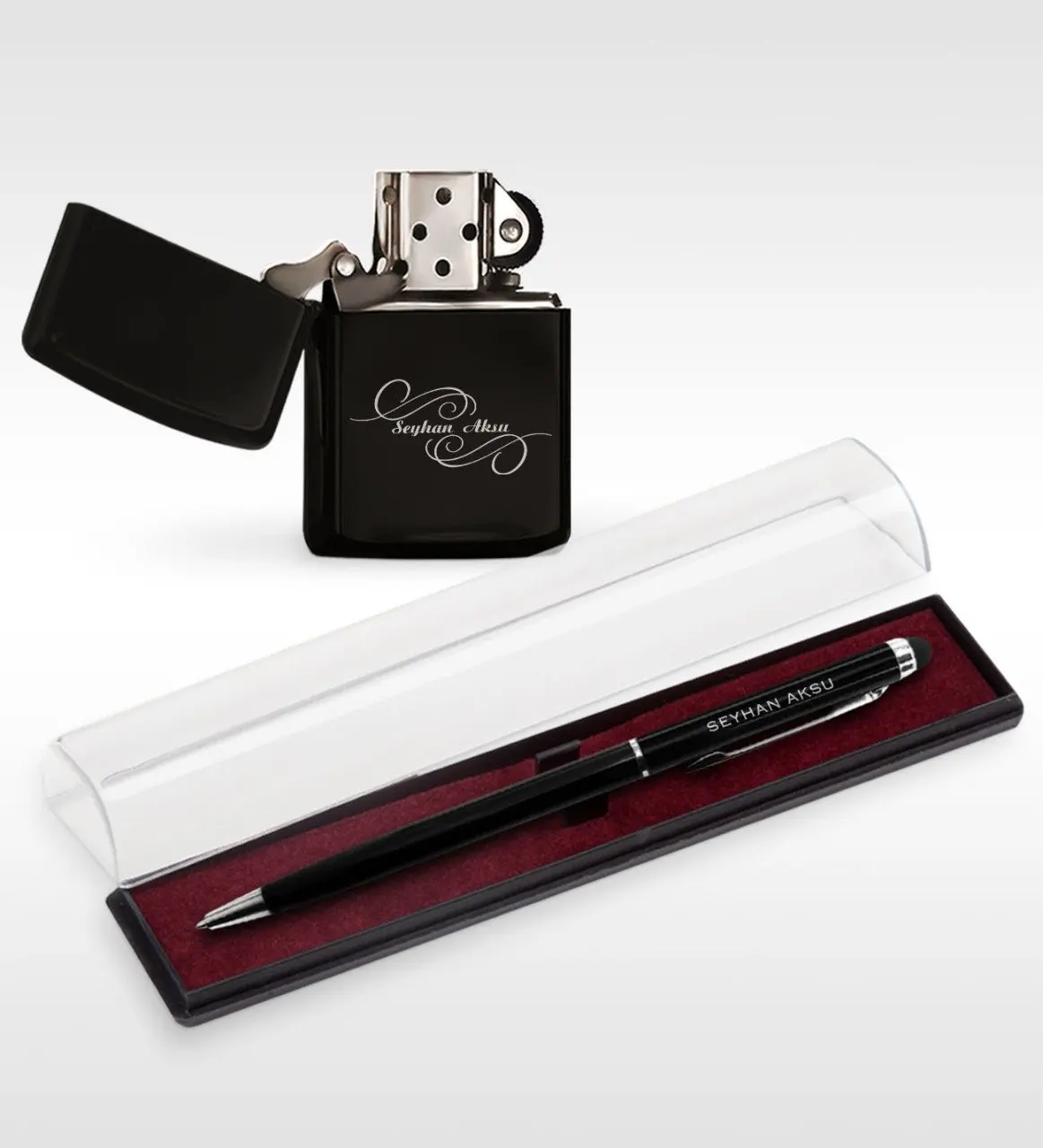 

Personalized Is Black Gasoline Lighter and Pen Set-3