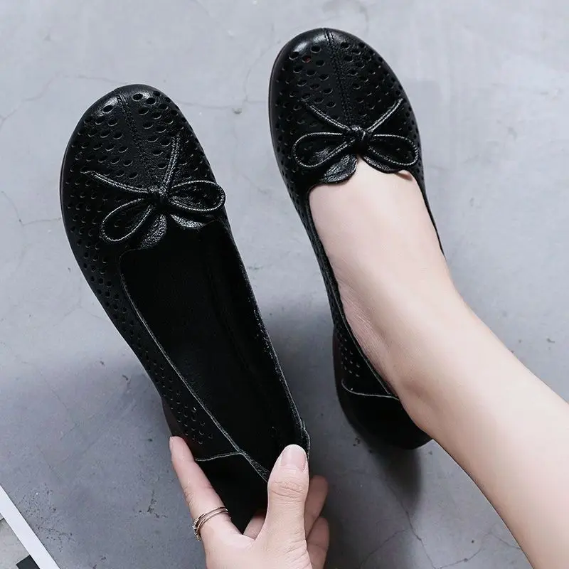 Green Womens Flats Bow Knot Women's Loafer Cut Out Summer Breathable Slip On Shoes Woman Flats Comfortable Shallow Mom Shoes