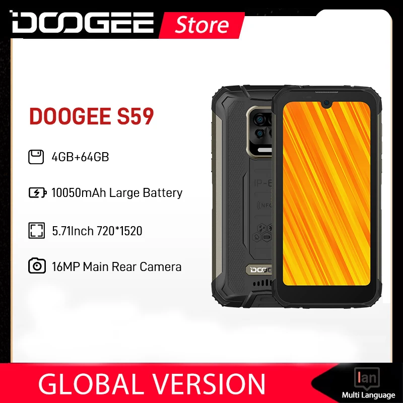 DOOGEE S59 Rugged Phone NFC 4GB+64GB 2W Powerful Speaker IP68/IP69K 16MP AI Quad Camera 10050mAh Super Battery Mobile Smartphone