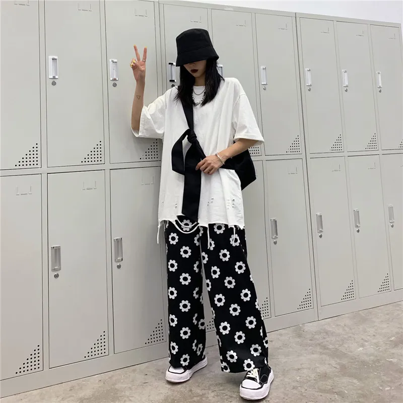 New Summer Daisy Flower Print Pants Korean Version Harajuku Style Loose Pants Full Length Pants Streetwear Wide Leg Pants