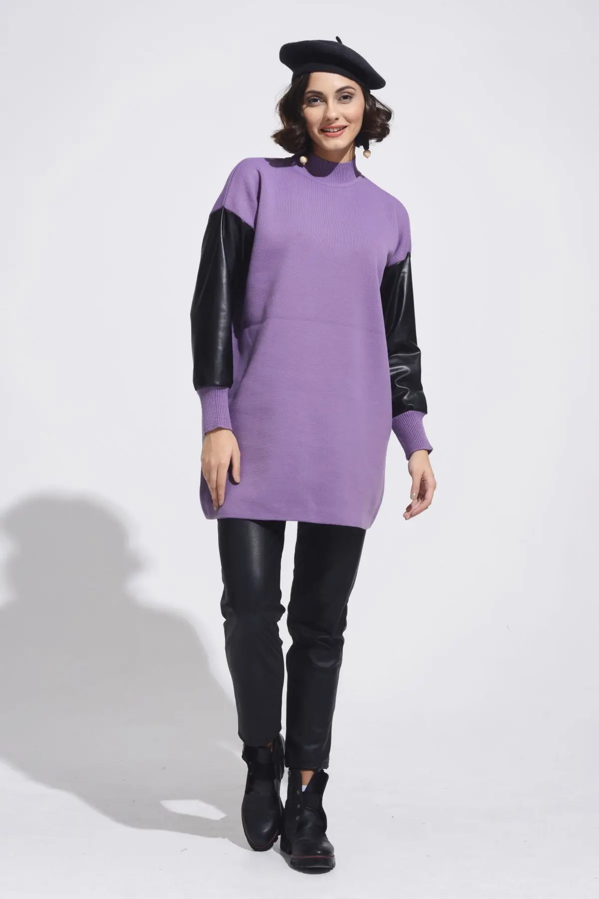 

Nefise women geometric Knitted Tunic women casual houndstooth leather arm womens sweaters female autumn winter retro sweater