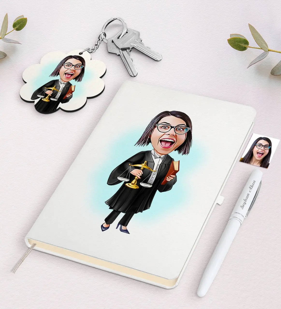 

Personalized Women 'S Attorney Caricature Of White Notebook pen And Keychain Gift Seti-1 Reliable Quality Gift Casual design