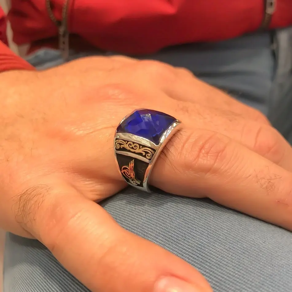 Темно синий сапфир специальное качество серебряное мужское кольцо|Кольца| |