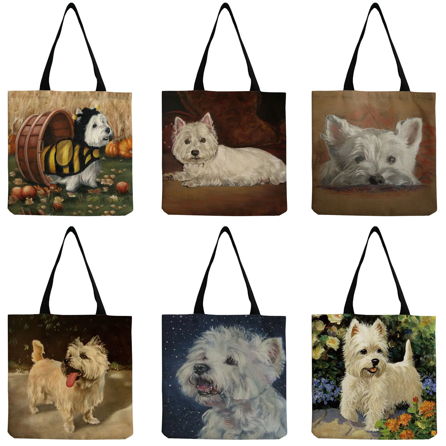 

Уникальный дизайн, квадратная женская сумка Westie с рисунком собаки, сумки для покупок, вместительные экологически чистые сумки для завтрака ...