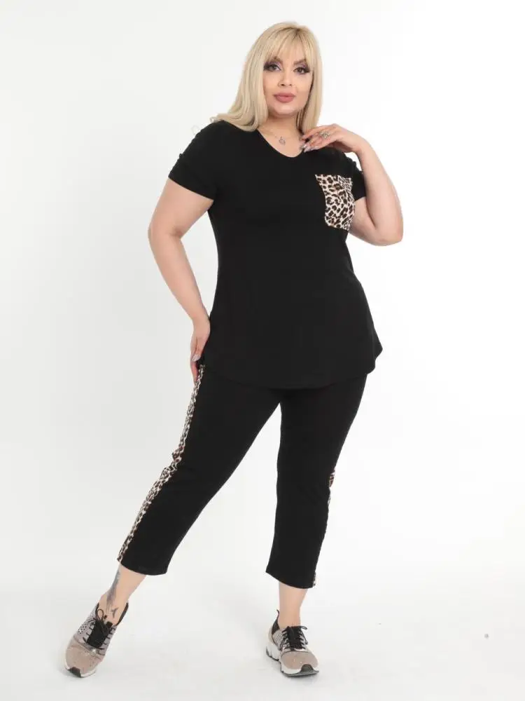 Plus Size Sets Two Pieces Woman Pajamas Sleeping Suits Outfits Track Suit 2022 Black Leopard Lycra Viscose Made in Turkey