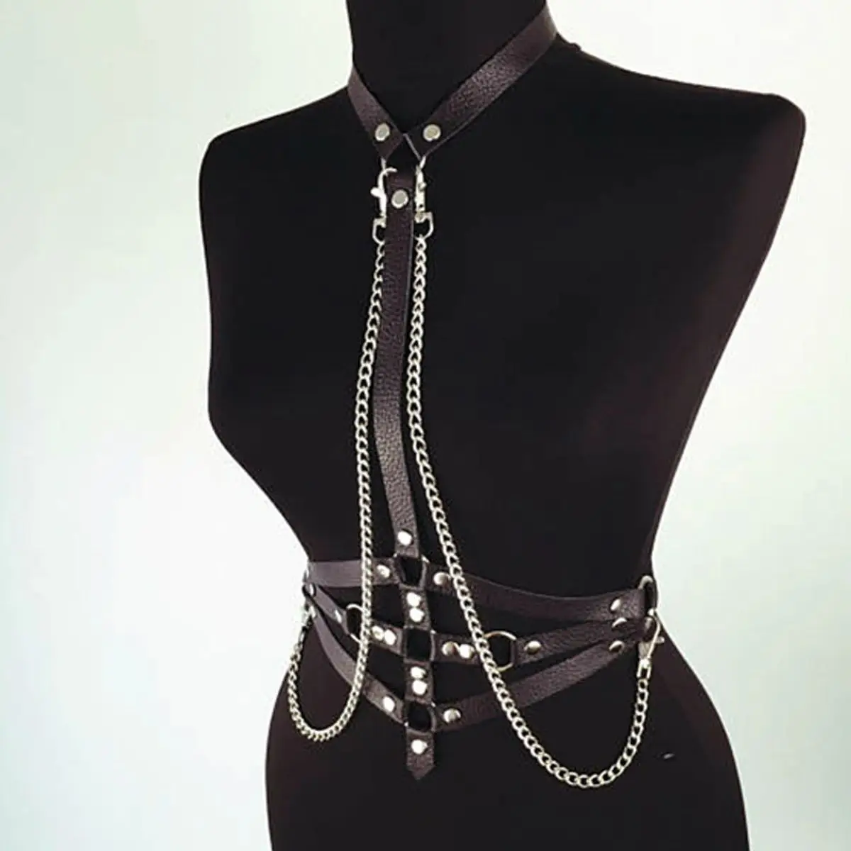 

Pretty Chest Black Chain Leather Harness, Women Corset Harness, Chain Leather Accessory- PNT13-S1