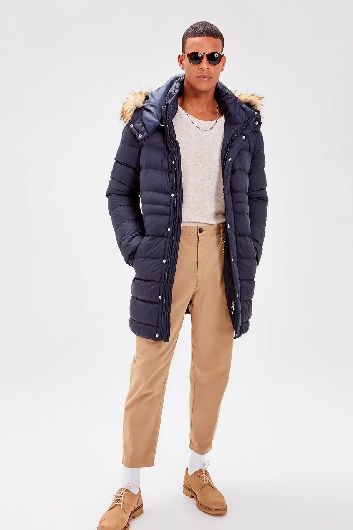 Trendyol Темно Синие Новые мужские пальто с капюшоном на молнии спереди карманами