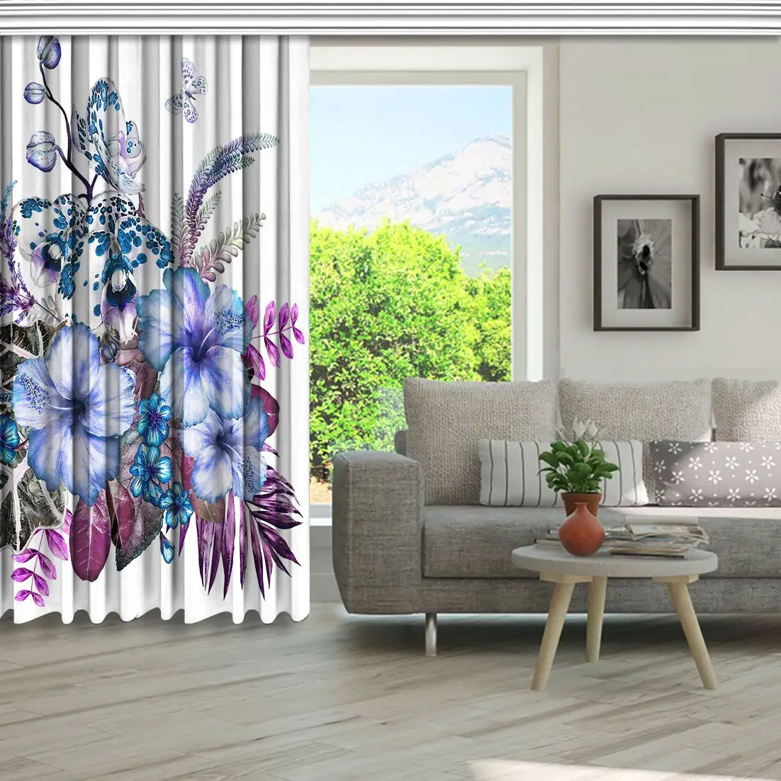 Штора Орхидея букет из гибискуса цветов листья бабочки и почки экзотическая