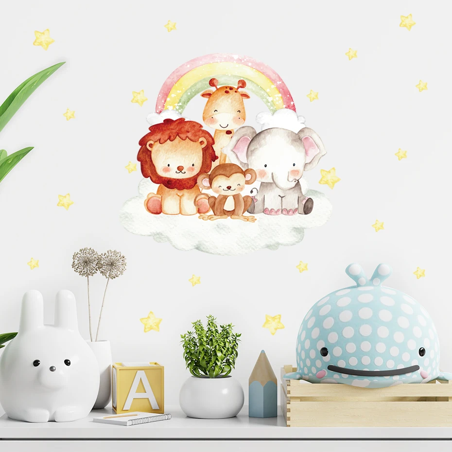

Cartoon Lion Safari Animal Rainbow Stars Watercolor Wall Stickers Nursery Removable Vinyl Wall Decals Kids Boys Room Home Decor
