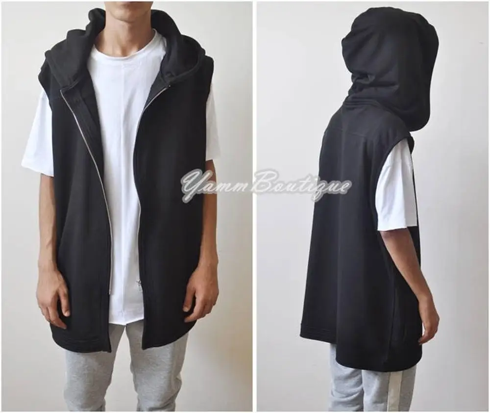 

Sleeveless Draped Oversized Men's Overlong Hooded Waistcoat Sweatshirt/ Functional Training Tactical Structured Asymmetric Hem