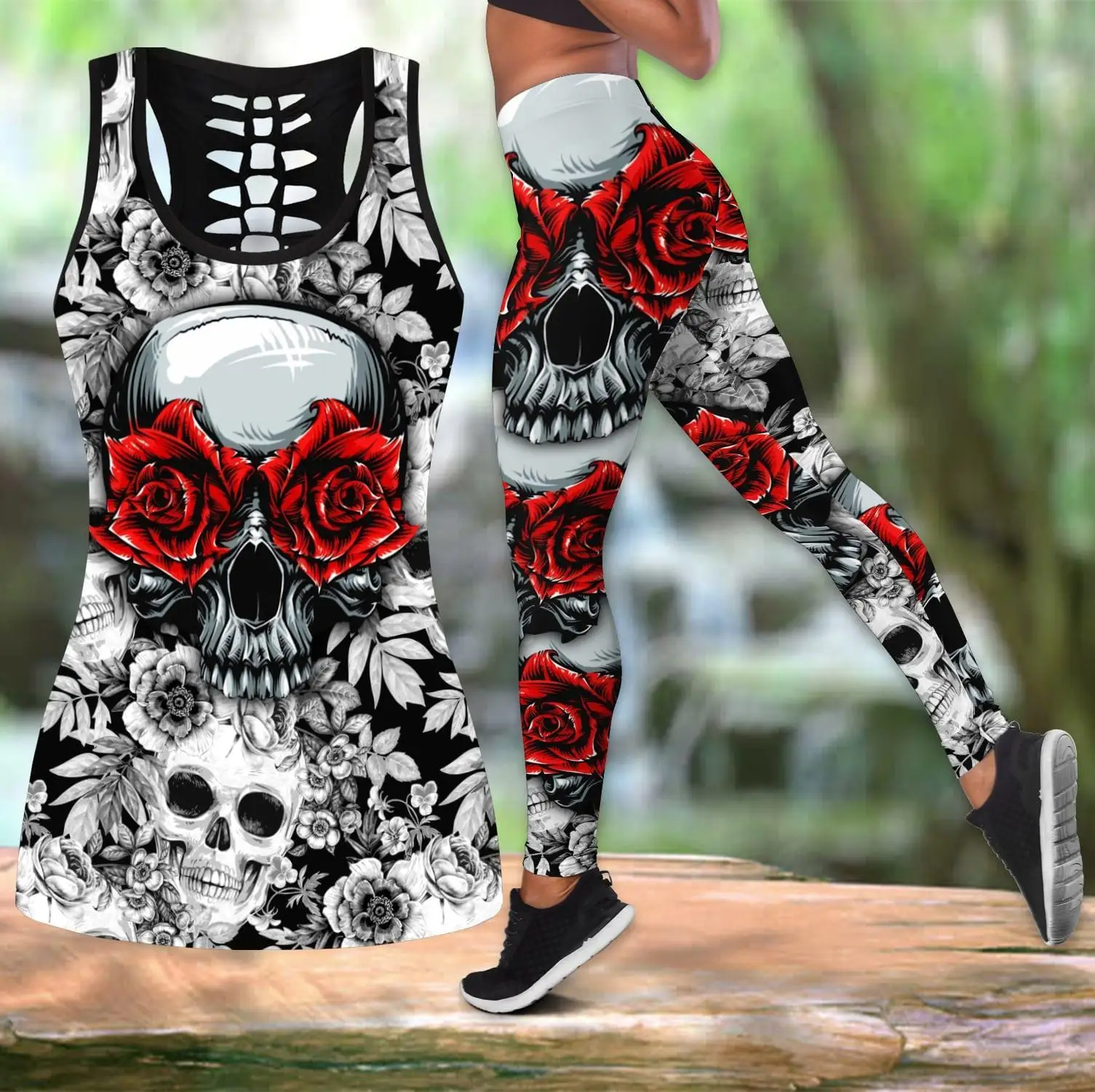 

Red Rose Skull Tank Top 3D Print Women Two Piece Yoga Set Vest Hollow Combo Tank Top Legging Waist Sport Fitness Quick Dry LK326
