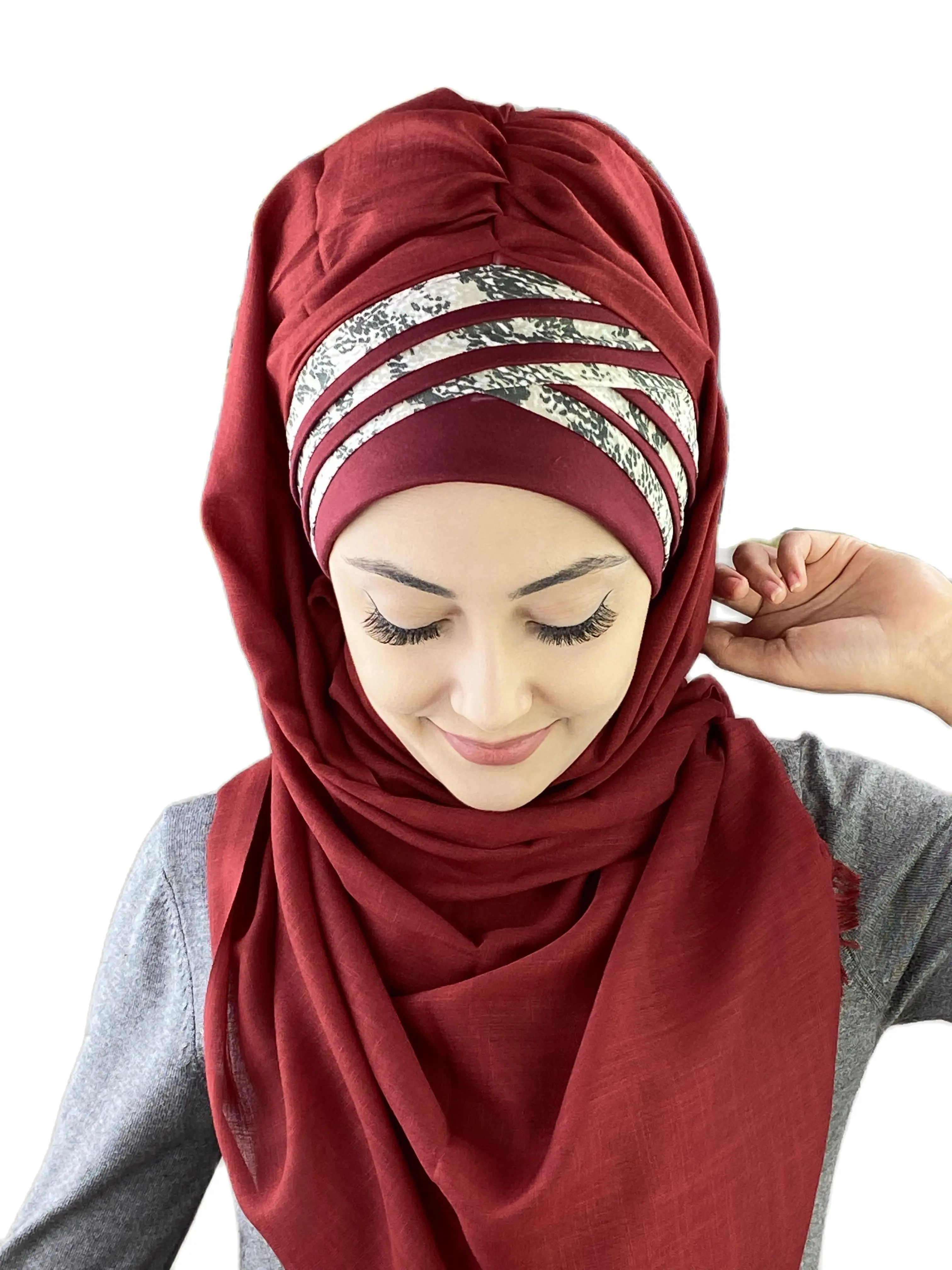 2022 New Fashion Hijab Islamic Women Winter Scarves Women's Products Hat Dark Claret Red Crocodile Pattern Cross Draped Shawl