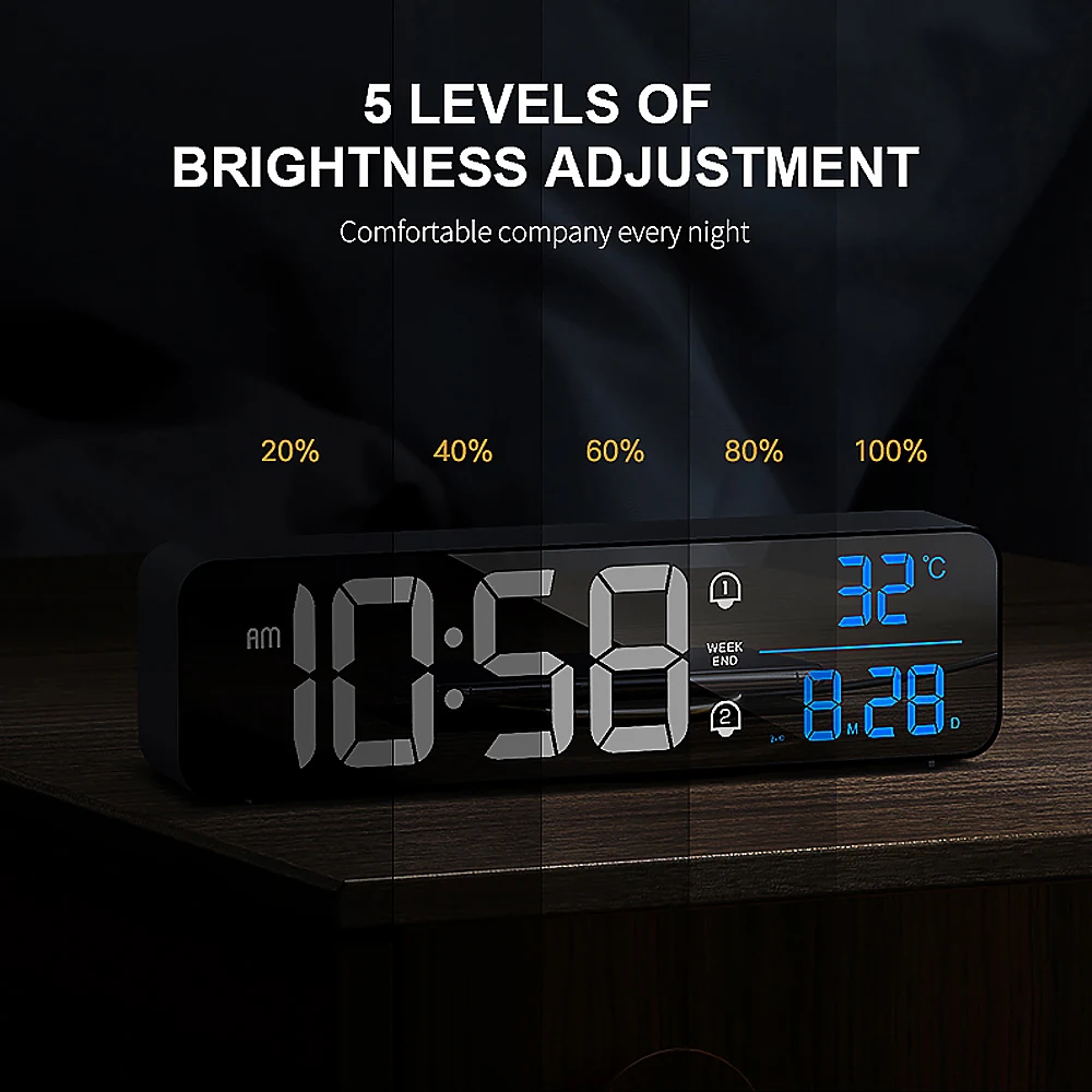 music led digital alarm clock temperature date display desktop mirror clocks home table decoration voice control 2400mah battery free global shipping