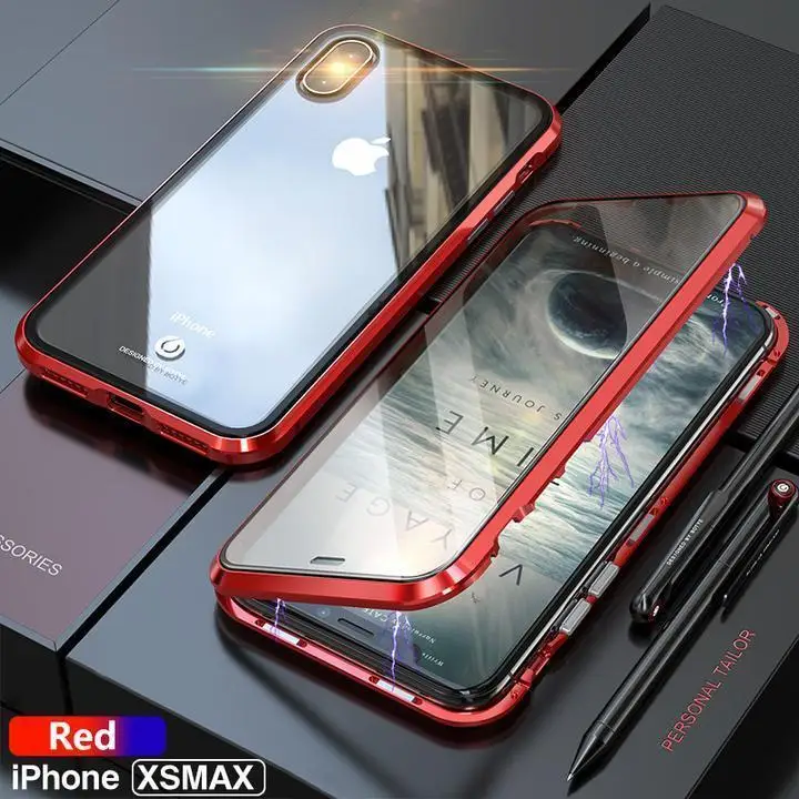 Red Магнитная Адсорбция прозрачная пленка из закаленного Стекло два боковых Стекло крышка чехол для iPhone X XS макс 7 8 Plus - Цвет: Red