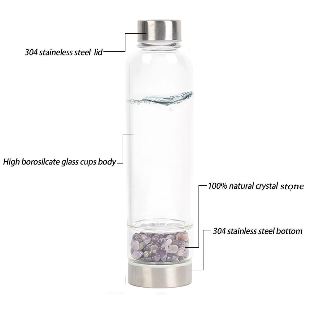 

Natural Crystal Stone Glass Bottle Gem Energy Glass 550ml Transparent Water Bottle Health Cup with Gift Box