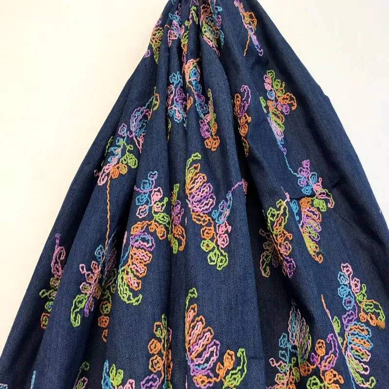 Fabric by meters denim fabrics MULTICOLOR flower embroidered dress PERTEX textile | Дом и сад