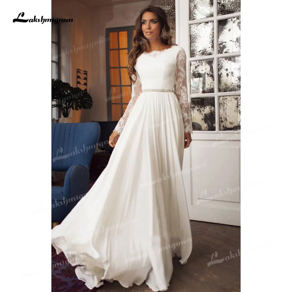 

Elegant Chiffon A-Line Wedding Dresses Boat Neck Lace Long Sleeve Open Back Sweep/Brush Train Bride Gown Beaded Sashes Appliques